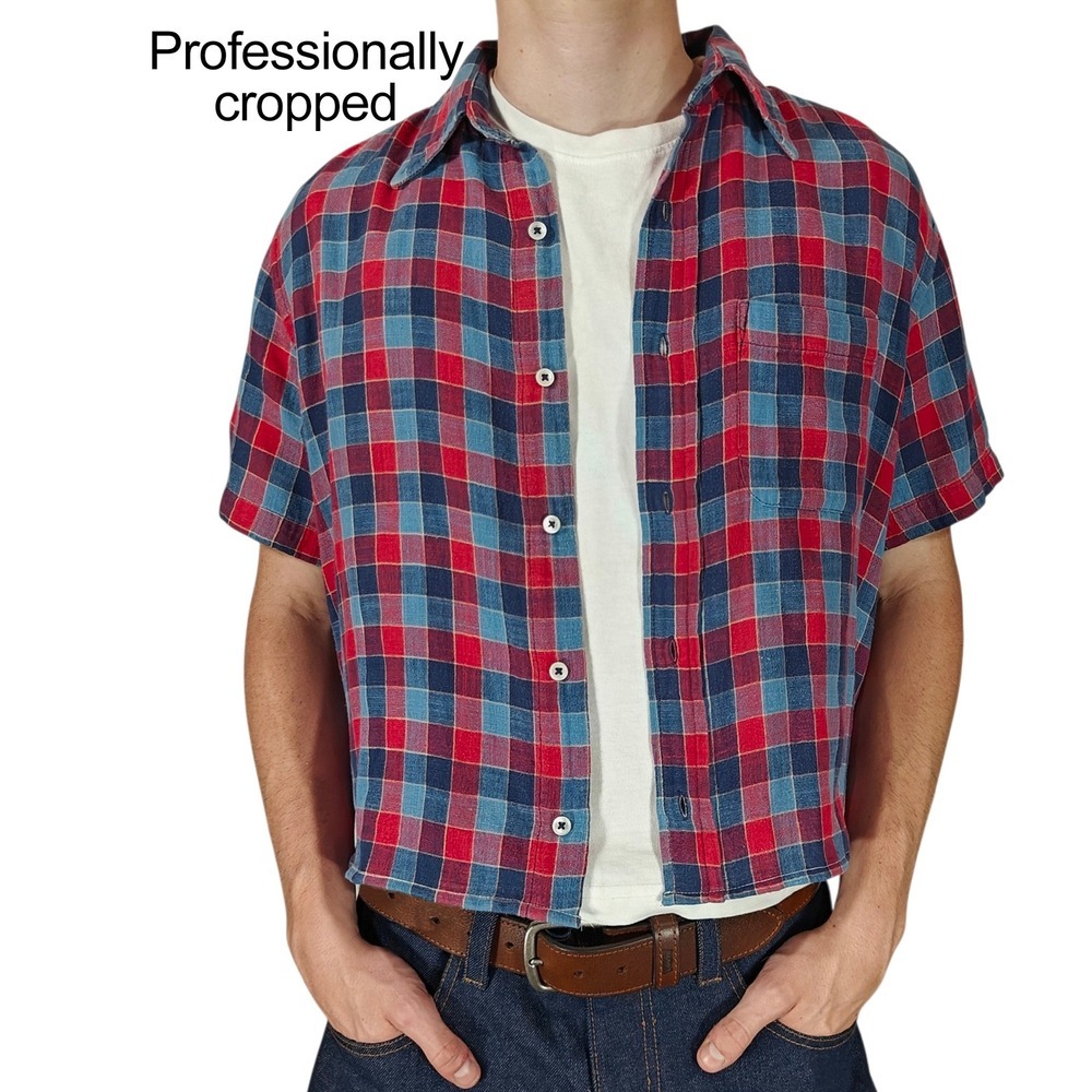 Reds The Dogs Bollocks Mens Plaid Short Sleeve Button Down Cropped Shirt Red